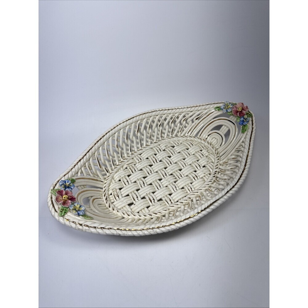 Vtg Large Majolica Braided Porcelain Lattice Woven Basket With Flowers